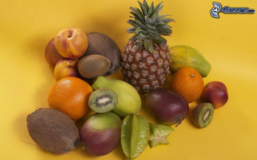 fruit, pineapple, kiwi, coconut, peaches, mango, oranges