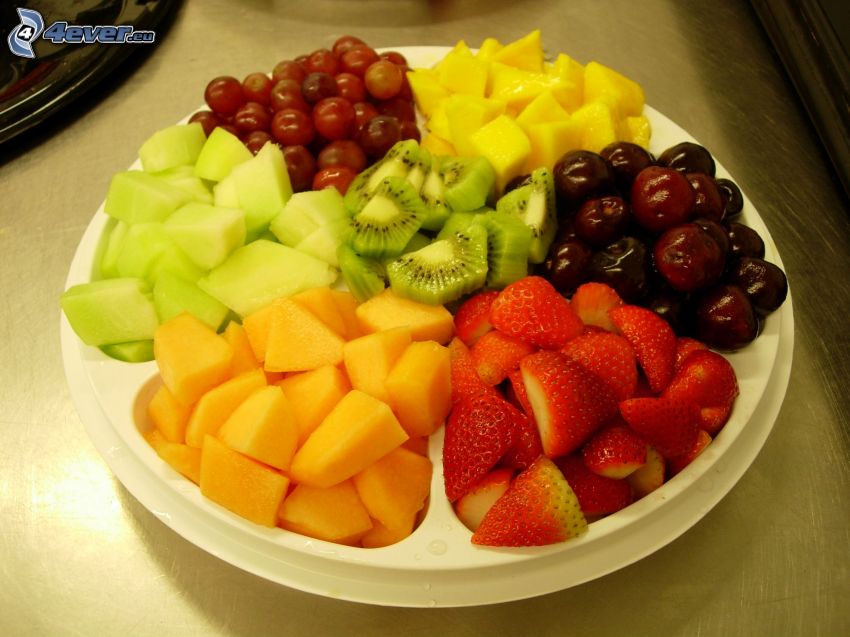 fruit, plate, kiwi, strawberries, pineapple, cherries