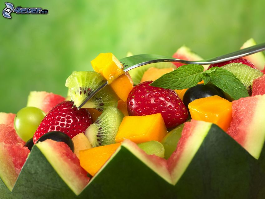fruit, watermelon, strawberries, sliced kiwi