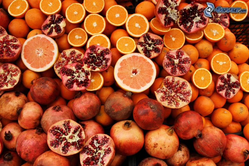 pomegranates, oranges, grapefruit