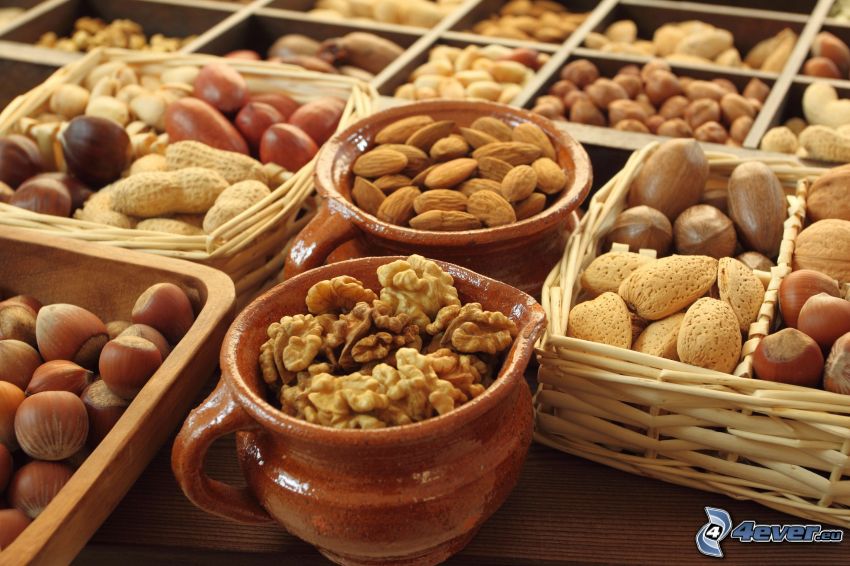 walnuts, almonds, hazelnuts, baskets