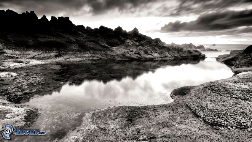 River, mountain, black and white photo
