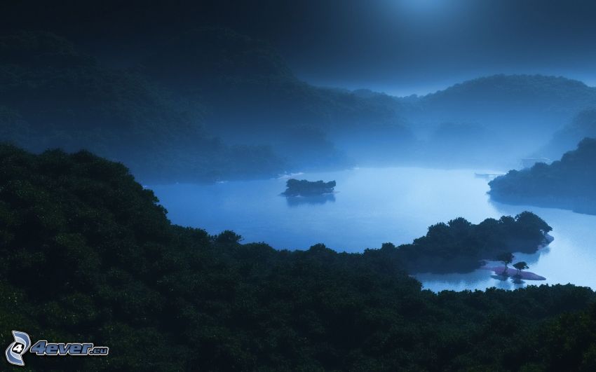 River, mountains, forest, night