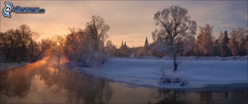 River, snow, sunrise