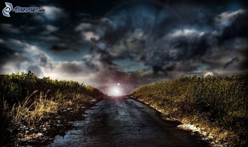 road, the dark clouds, field