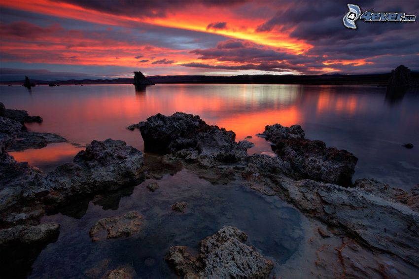 rocks, lake, orange sunset