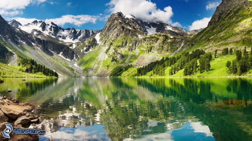 rocky mountains, lake, trees, reflection