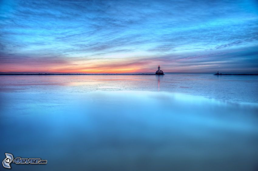 after sunset, sea, lighthouse