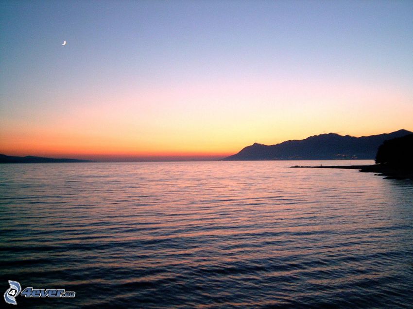 after sunset, sea, moon