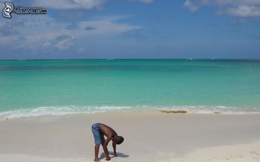 azure sea, black man, sandy beach