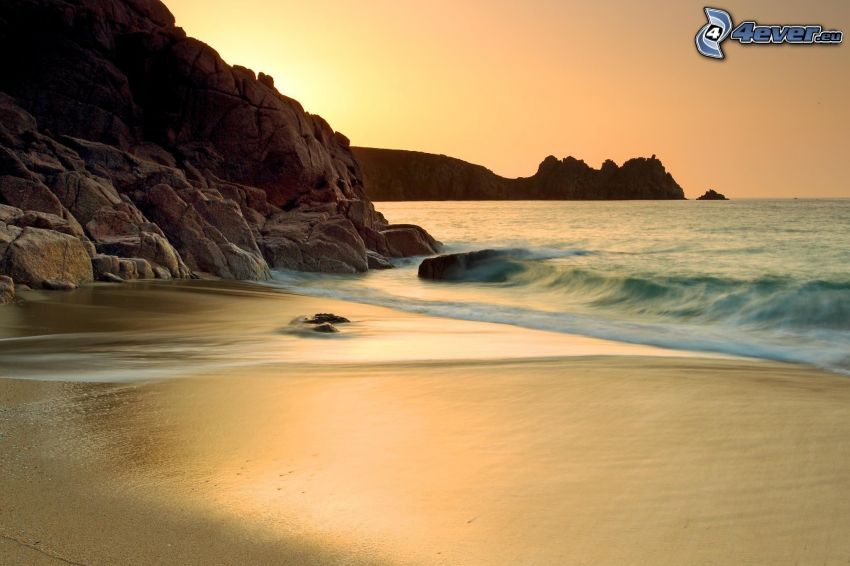 beach, rocks, sea, evening sky