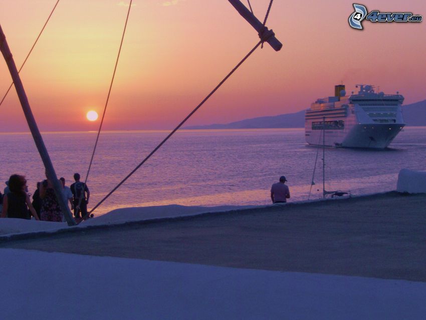 beach at sunset, cruise ship, the view of the sea
