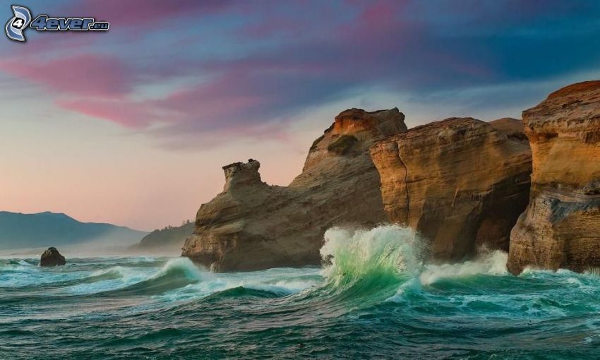 coastal reefs, rock in the sea, wave, after sunset