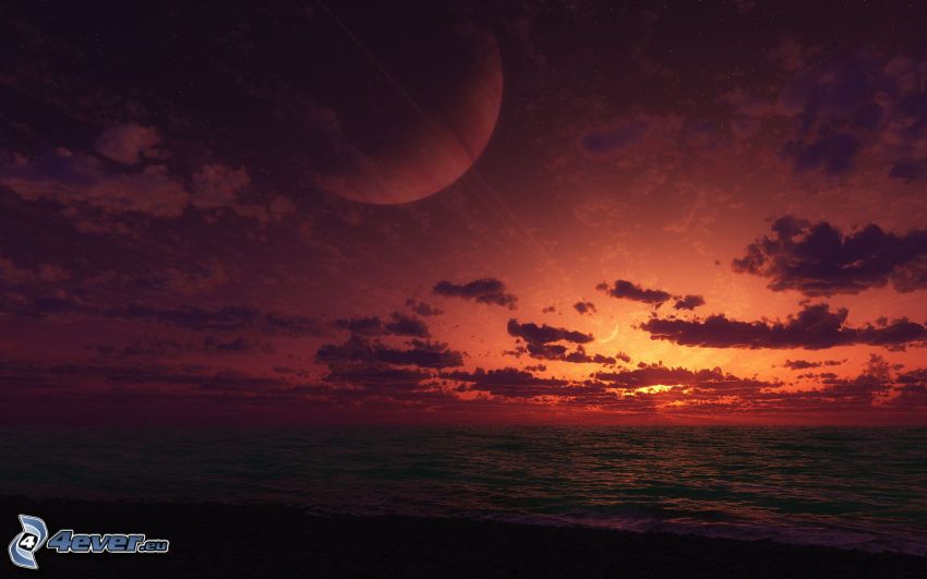 dark sunset, sea, planets, evening sky