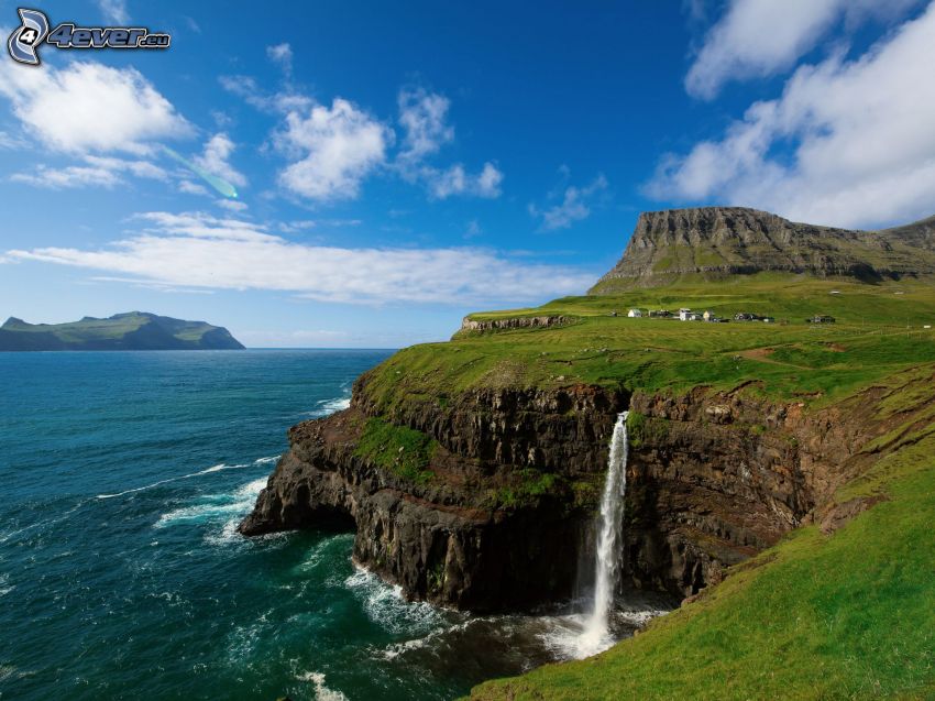Faroe Islands, sea, rock, waterfall, green grass