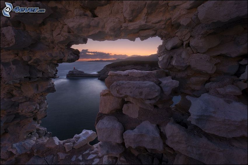 hole, wall, rocks, sea, after sunset