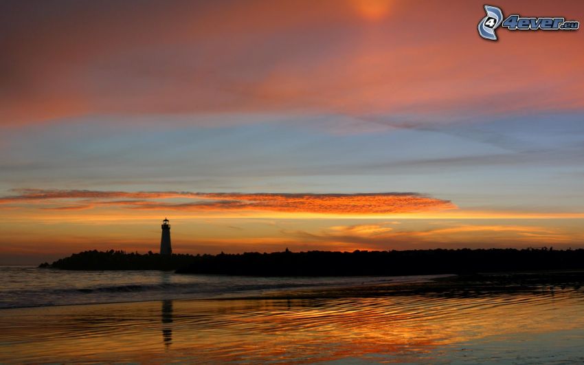 lighthouse, silhouette, coast, orange sky