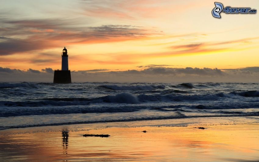 lighthouse on the island, sea, beach, yellow sky