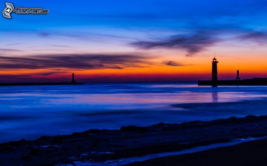 open sea, evening sky, lighthouse