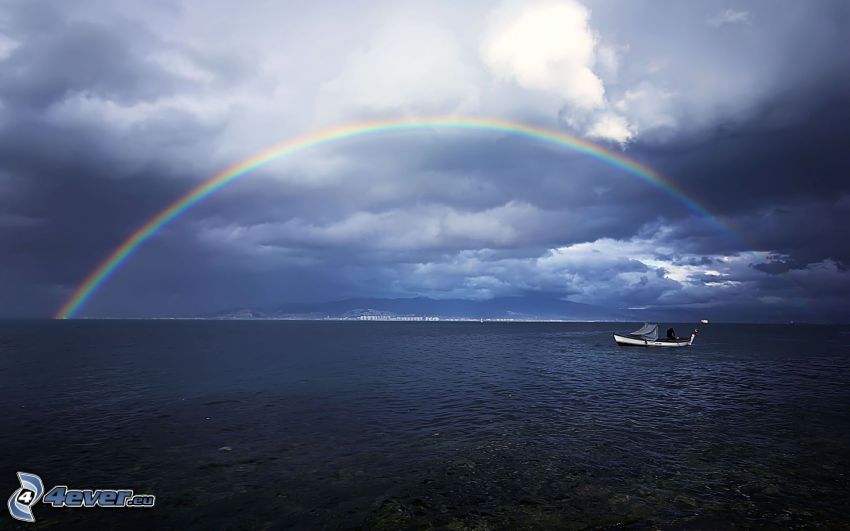 rainbow, sea, boat, clouds