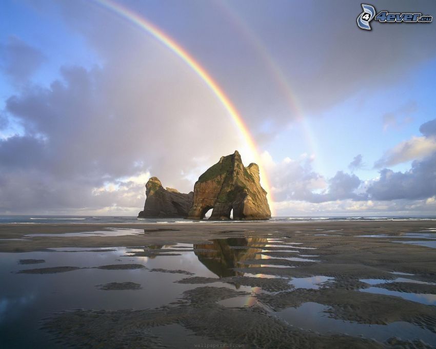 rock, sea, beach, rainbow, clouds