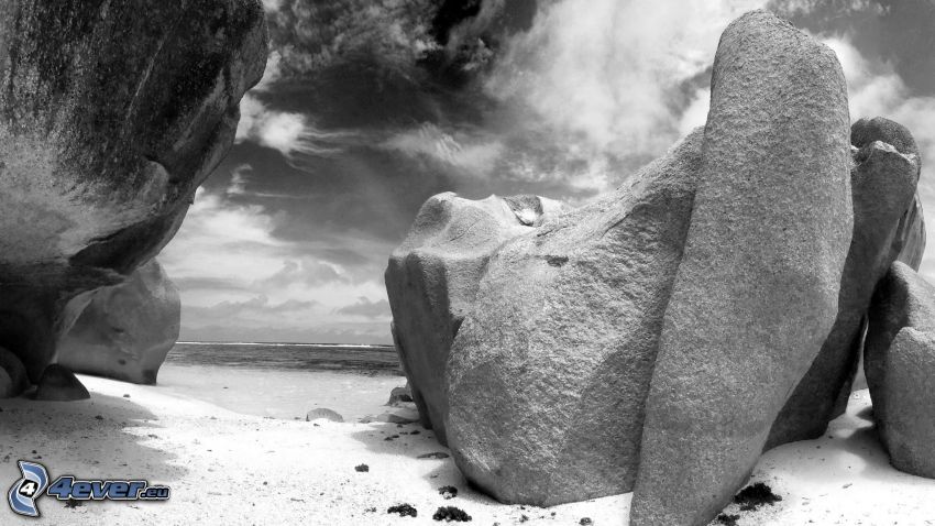 rocks, beach, sea, black and white photo