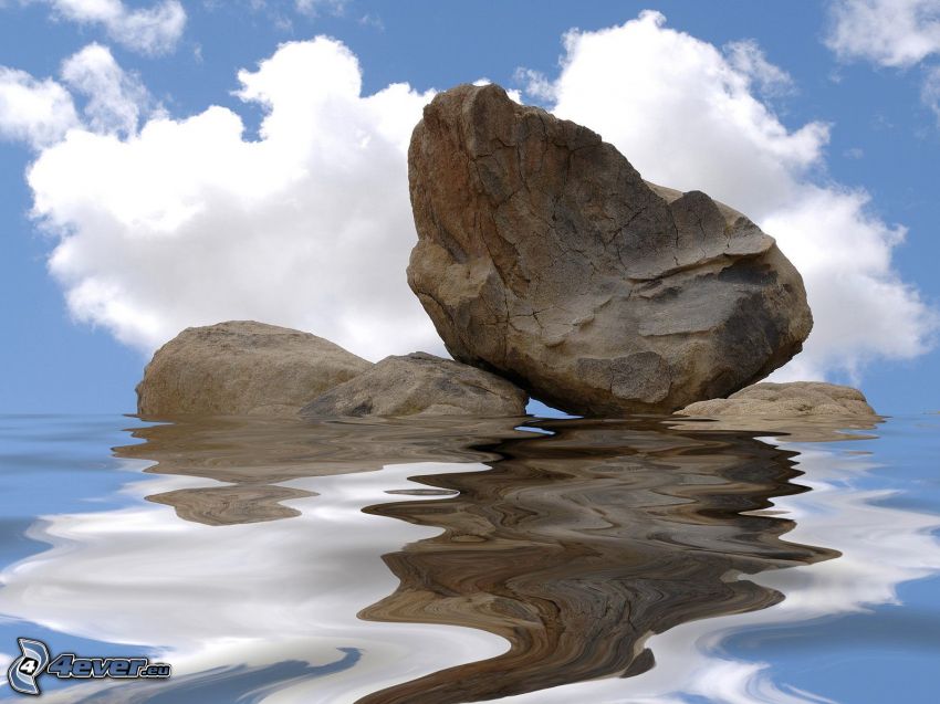 rocks, water surface, clouds