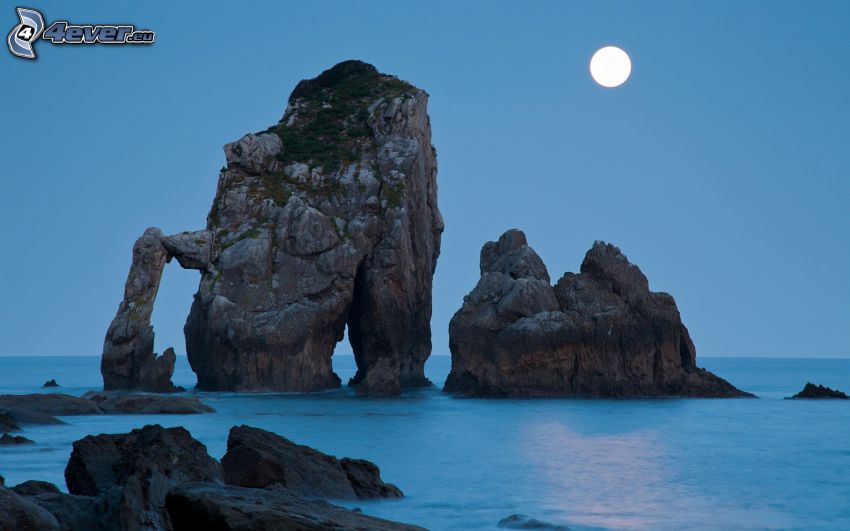 rocks in the sea, moon