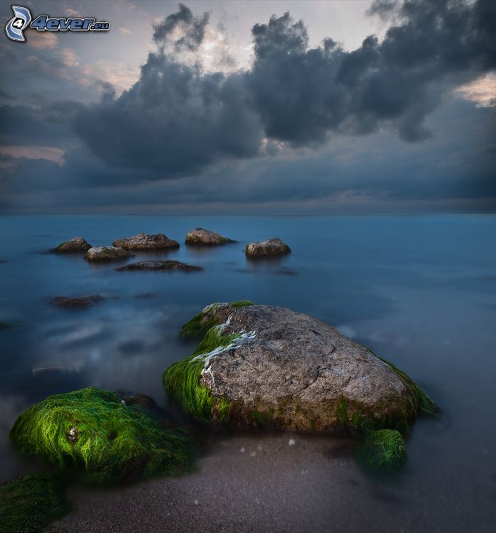rocks in the sea, moss, clouds