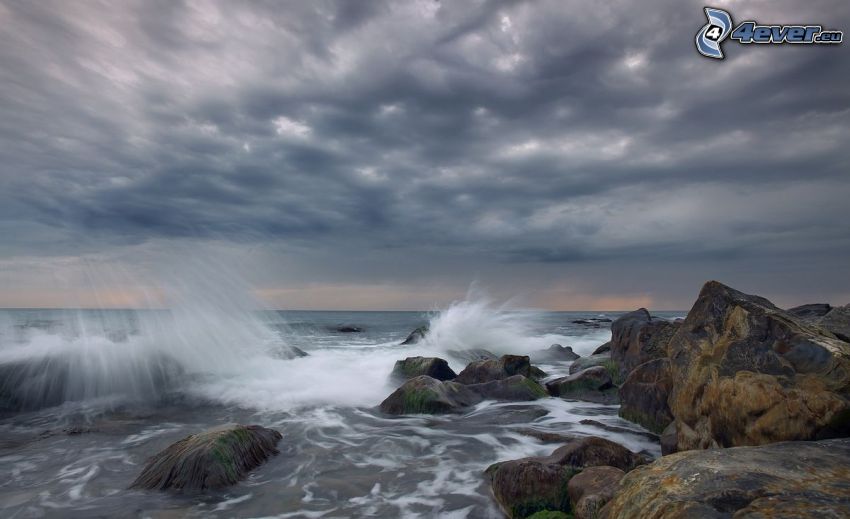 rocks in the sea, wave, clouds