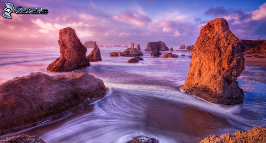 rocky coastline, sea, purple sky, HDR