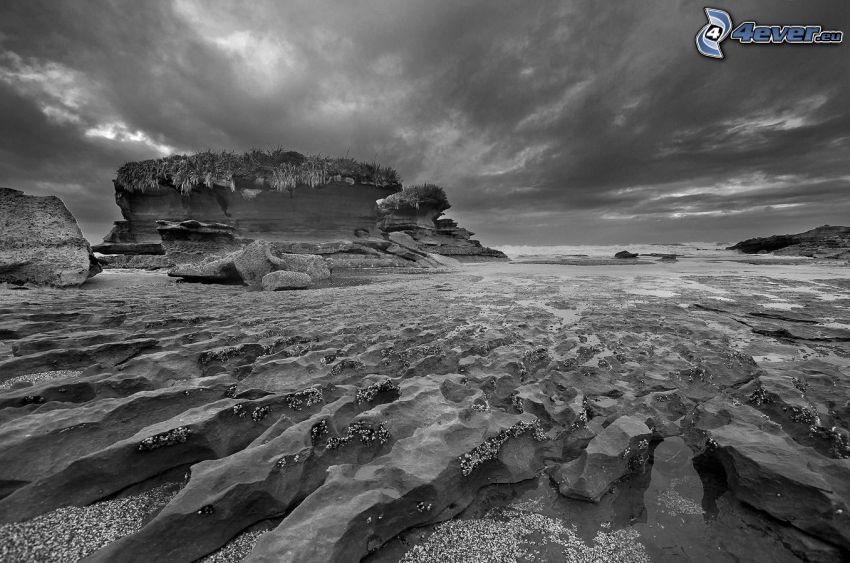 rocky shores, clouds, black and white