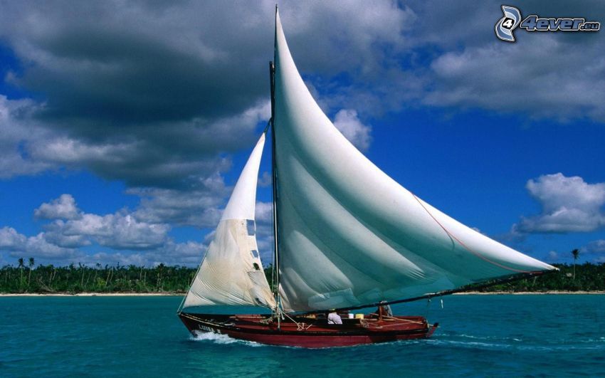 sailing boat, sea, clouds