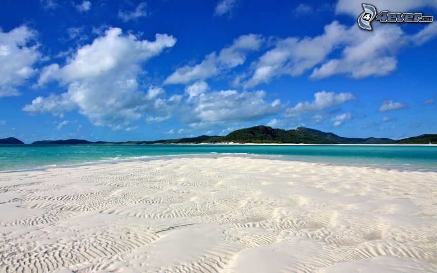 sandy beach, azure sea, tropical island