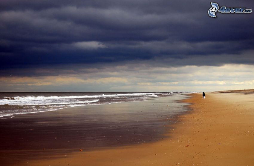 sandy beach, sea, clouds, human