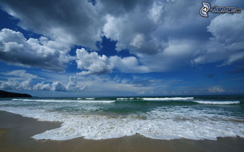 sandy beach, sea, clouds