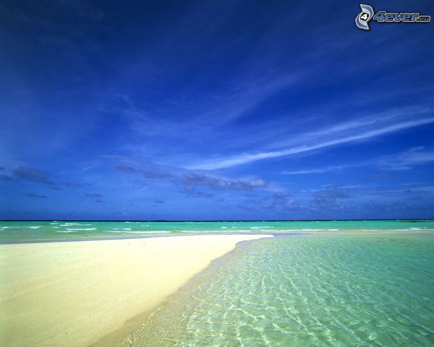 sandy beach, shallow azure sea, sky, summer