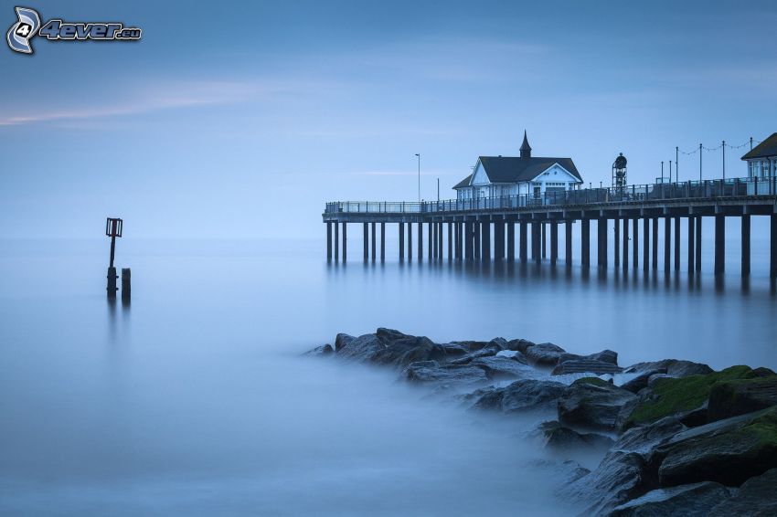 sea, pier, house, ground fog
