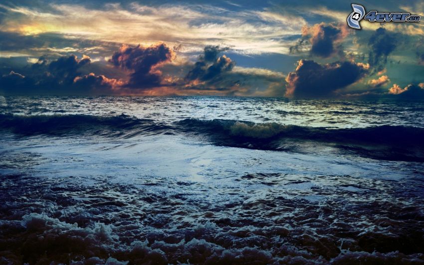 stormy sea, clouds, evening