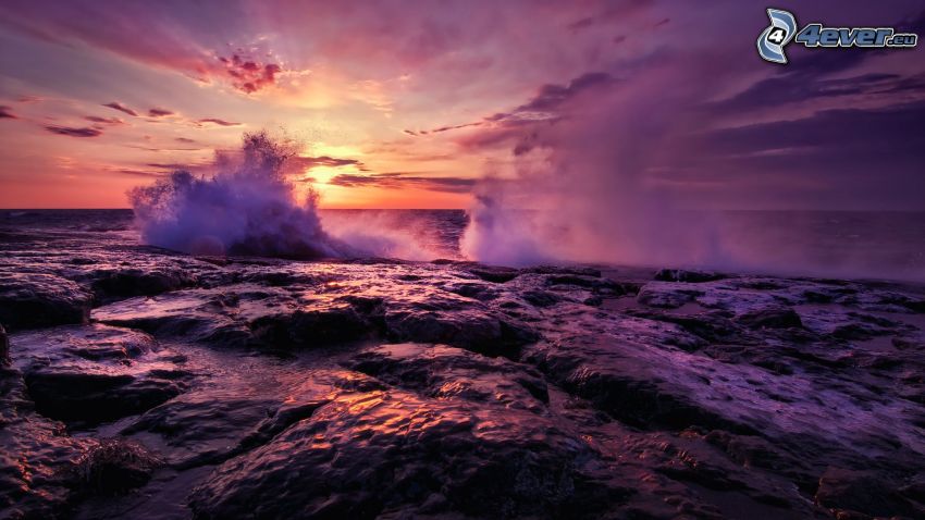 stormy sea, sunset behind the sea