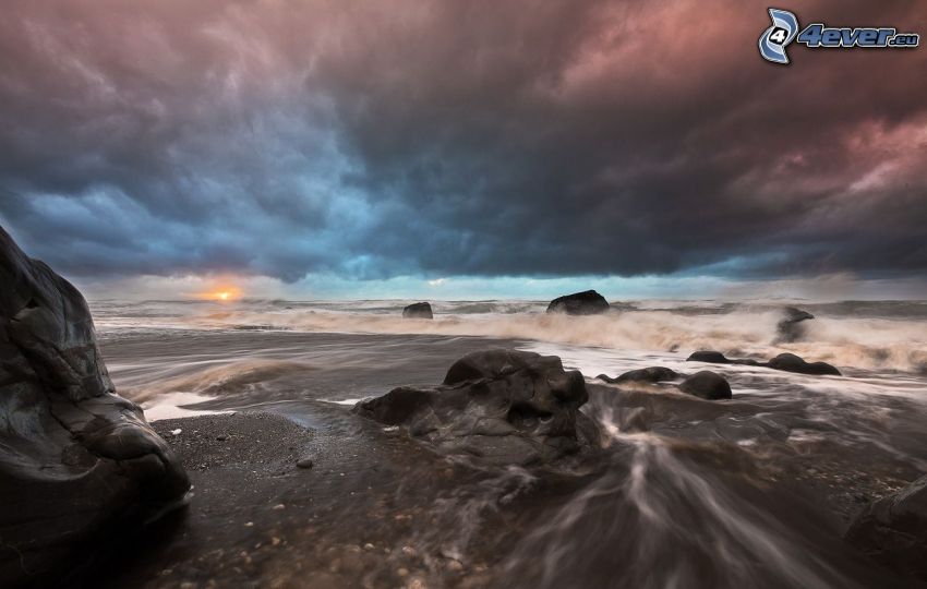 sunrise, rocks in the sea, clouds