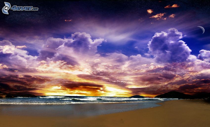 sunset behind the sea, sandy beach, clouds, moon