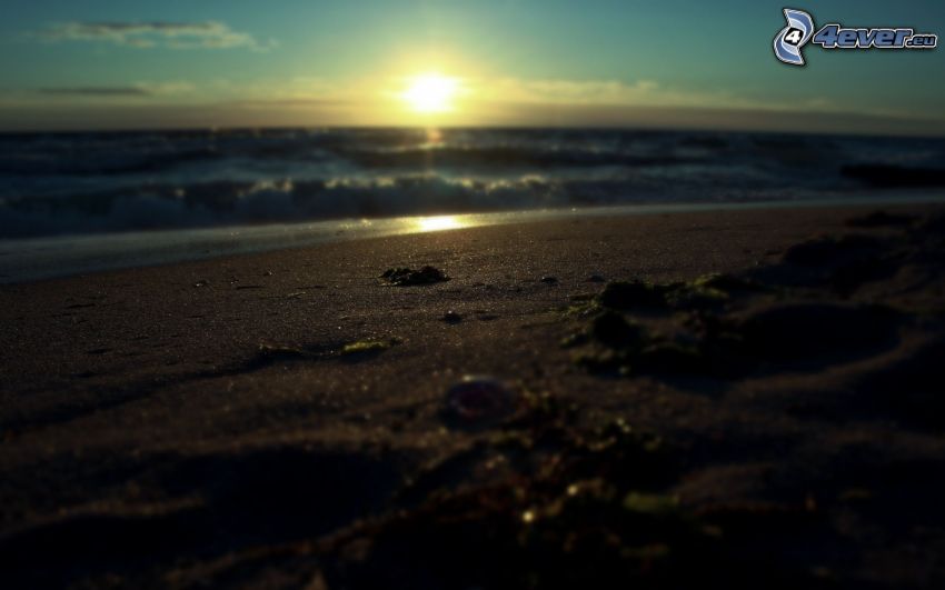 sunset behind the sea, sandy beach, waves