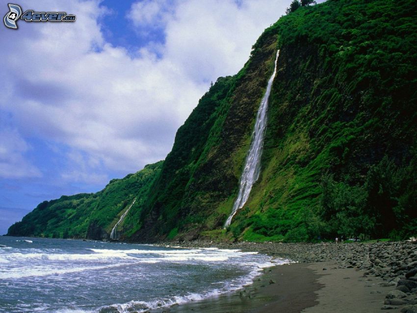 waterfall, Hawaii, mountain, sea, rocky shores