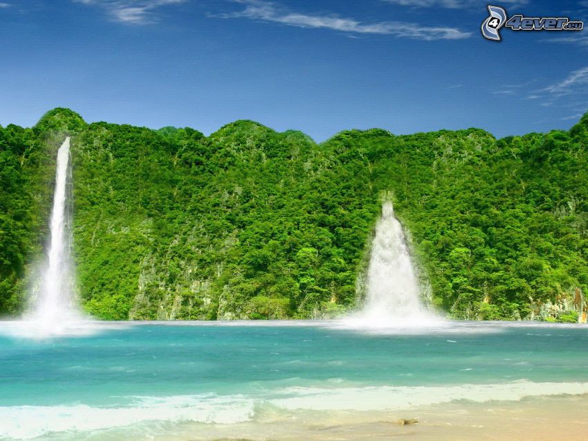 waterfalls, sea, forest, jungle