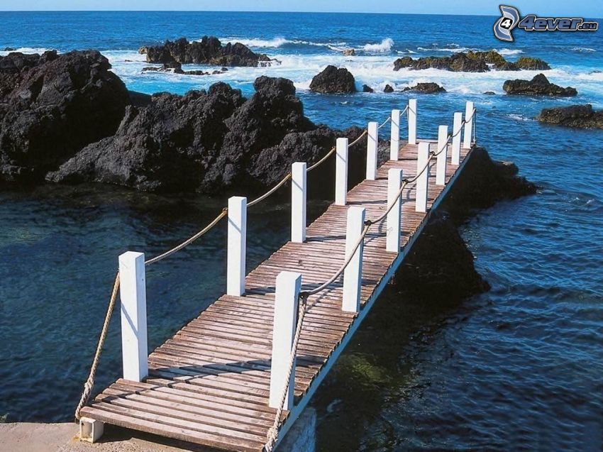 wooden bridge, wooden pier, sea, rocks