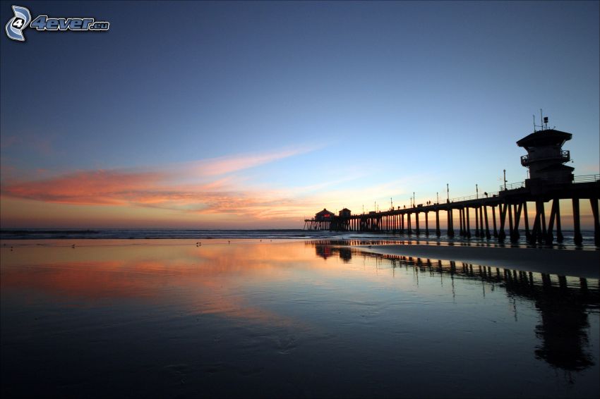 wooden pier, beach after sunset, sea