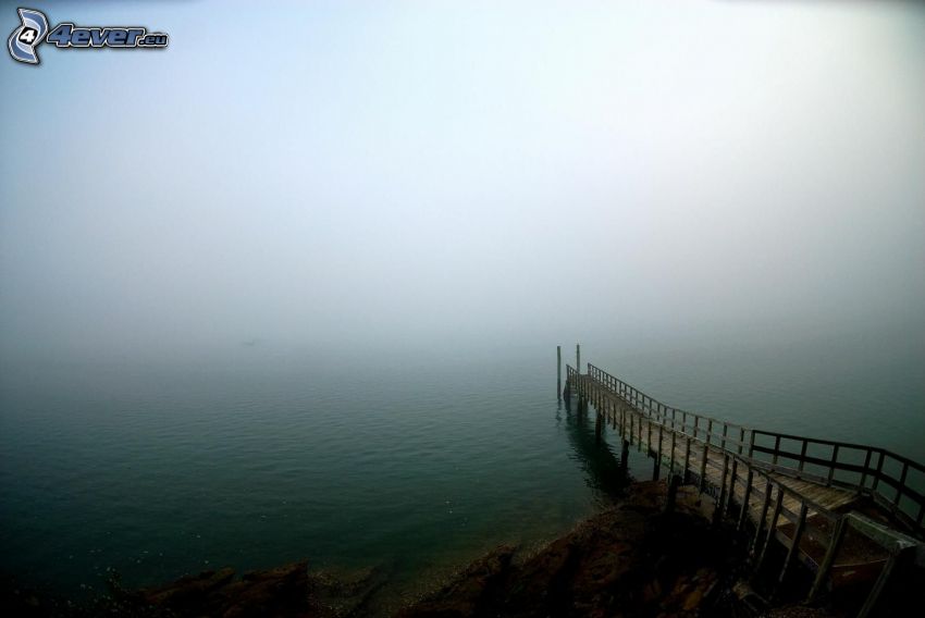 wooden pier, fog