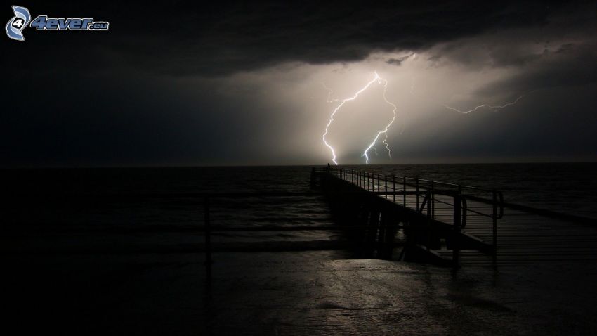 wooden pier, sea, storm