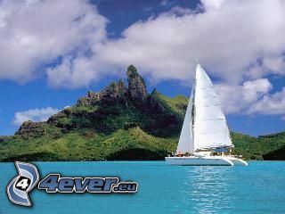 yacht, sea, mountains